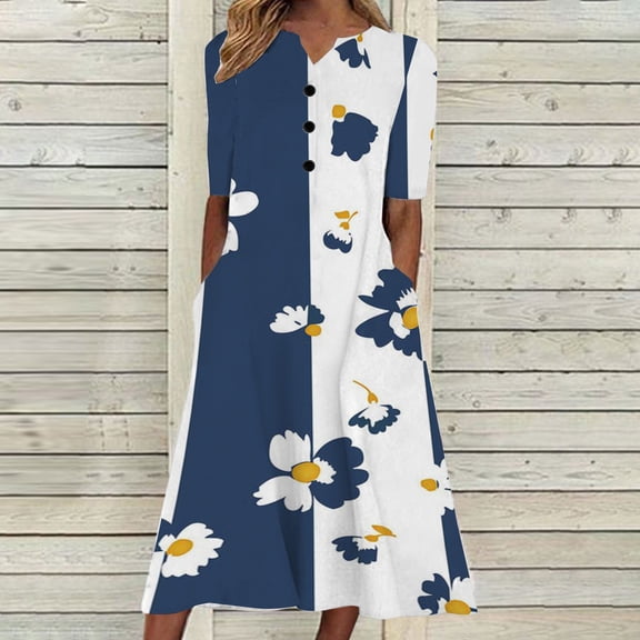 Women Fashion Summer Casual Short Sleeve V-Neck Printing Dress Loose Dress