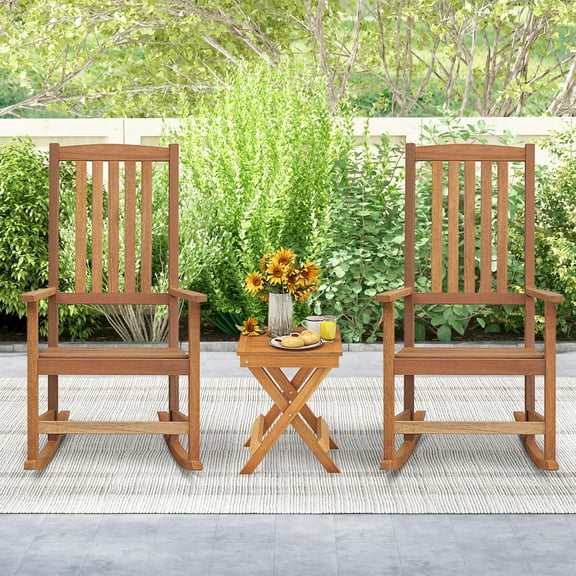 Costway Wood Folding Square Table & 2pcs Rocking Chair Set with Slatted Seat & Tabletop