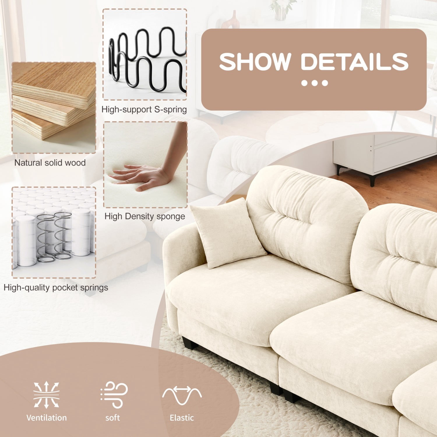 Modular Sectional Sofa Cloud Couch Loveseat Chenille Fabric Tufted Sofa Ergonomic 2-Seater Couch with Wooden Base for Living Room, Apartment, Beige