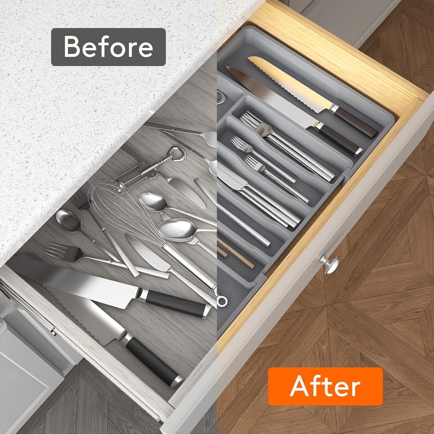 Silverware Drawer Organizer, Expandable Utensil Tray for Kitchen, BPA Free Flatware and Cutlery Holder, Adjustable Plastic Storage for Spoons Forks Knives, Large