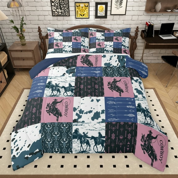 Manfei Bohemian Tribal Aztec Bedding Comforter Set, Blue Pink Patchwork Twin Comforter Sets, Cowgirl Cowboy Reversible Bedding Set, Lightweight Room Decor, 2 Pieces