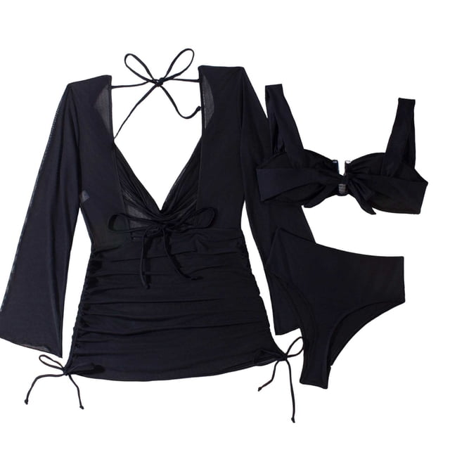FRSASU Women's Plus Size Triangle Bikini Sets 3 Piece Swimsuits with Side Ruched Drawstring Cover Up Black XS(XS)