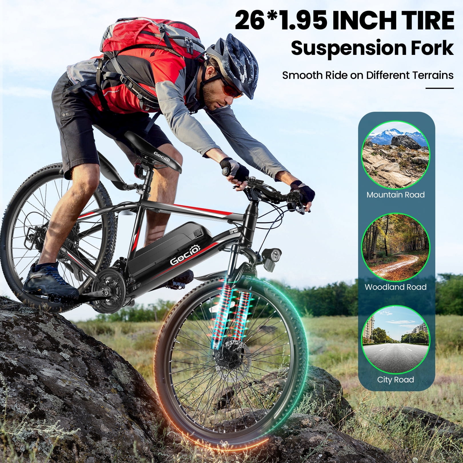 Gocio Peak 750W Electric Bike 26" Electric Bicycle for Adults Max 19.8mph Cruise Control System Ebike, 48V 375Wh Mountain Bike, 21 Speed for Man Woman UL2849 Certified