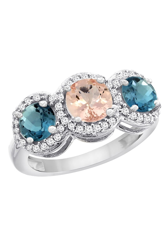 14K White Gold Natural Morganite & London Blue Topaz Sides Round 3-stone Ring Diamond Accents, size 5.5