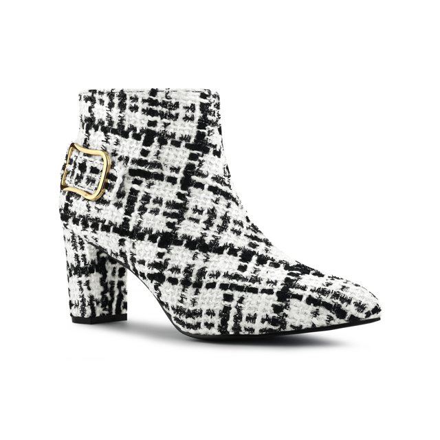 Unique Bargains Women's Plaid Point Toe Side Zip Chunky Heels Ankle Boots