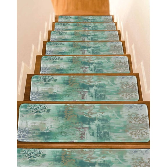 Green Satin Texture Stair Treads Retro Abstract Yellow Blue Ethnicity Texture Indoor Non Slip Peel and Stick Stair Treads for Wooden Steps 7 PCS, Soft Adhesive Staircase Mats Runner Rugs 8"x30"