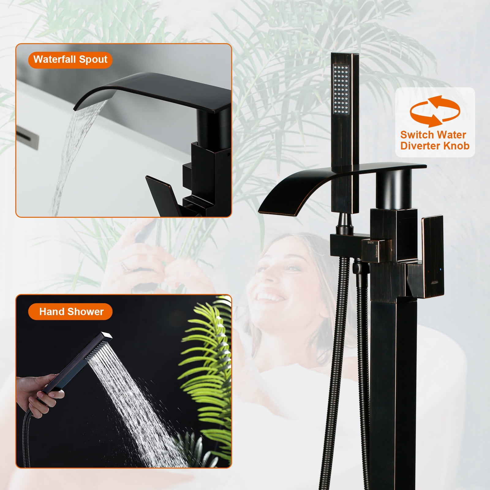 Wowow Brass Waterfall Single-Handle Floor Mount Freestanding Bathtub Faucet with Hand Shower and Supply Line