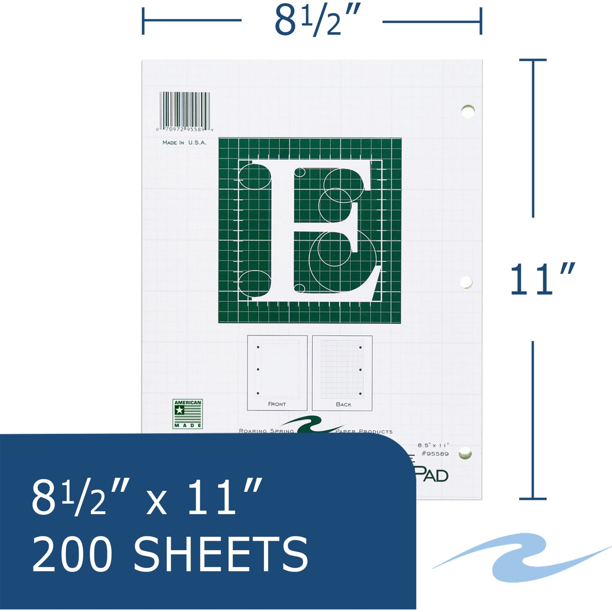 Roaring Spring Engineering Pad, 12-Pack, 8.5" x 11", 200 Sheets 15# Green Paper, 5x5 Printed Back Gird-to-Edge, Top Glued, 3-Hole Punched, Proudly Made in USA, Heavy Backing Board