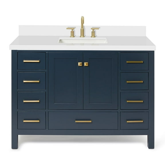 ARIEL 49" Bathroom Vanity with 1.5" Edge Pure White Quartz Countertop & Backsplash, Center Rectangular Sink, 2 Soft Closing Doors, 9 Full Extension Dovetail Drawers, Brushed Nickel - Midnight Blue