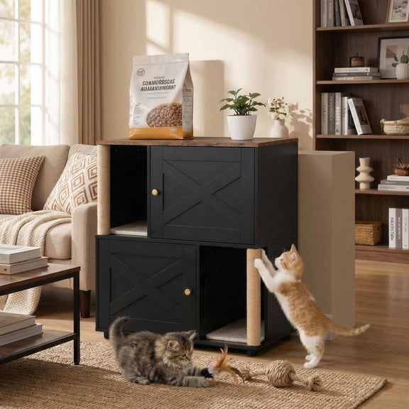 Double Layer Hidden Cat Litter Box Furniture with Scratching Post