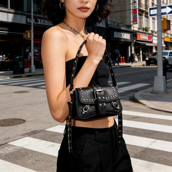 FUTUREORYY Vintage Studded Black Shoulder Handbag Punk Style Rivet Motorcycle Bag