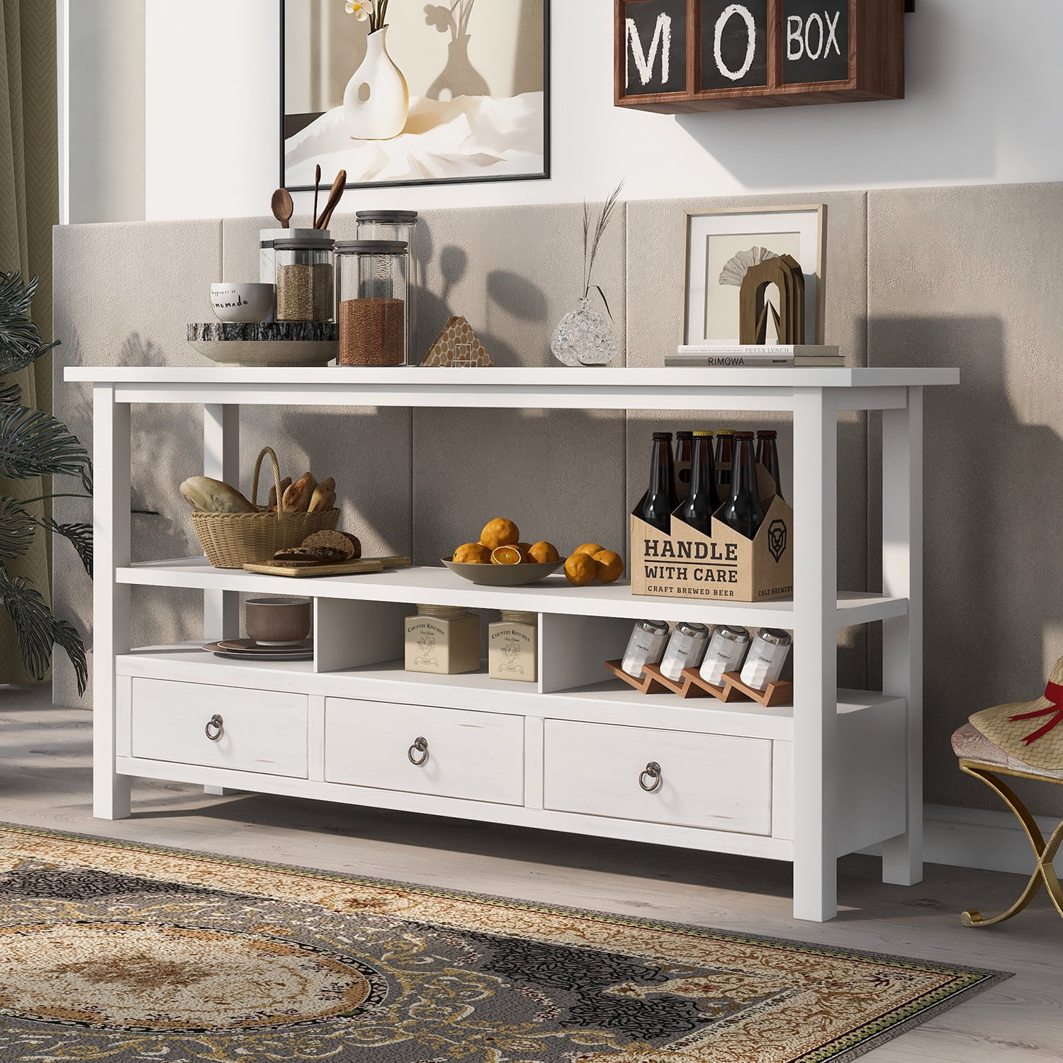 Kadyn Solid Wood Console Table, Sofa Console Table with Three Drawers and Double-Storey Tabletop, Classic Accent Table for Living Room, Antique White Kadyn Solid Wood Console Table, Sofa Console Table with Three Drawers and Double-Storey Tabletop, Classic Accent Table for Living Room, Antique White
