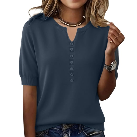 Summer Sweaters For Women Lightweight Women Short Sleeve Sweaters Casual V Neck Pullover Knit Summer Womens Tops And Blouses Dressy Casual Navy XL