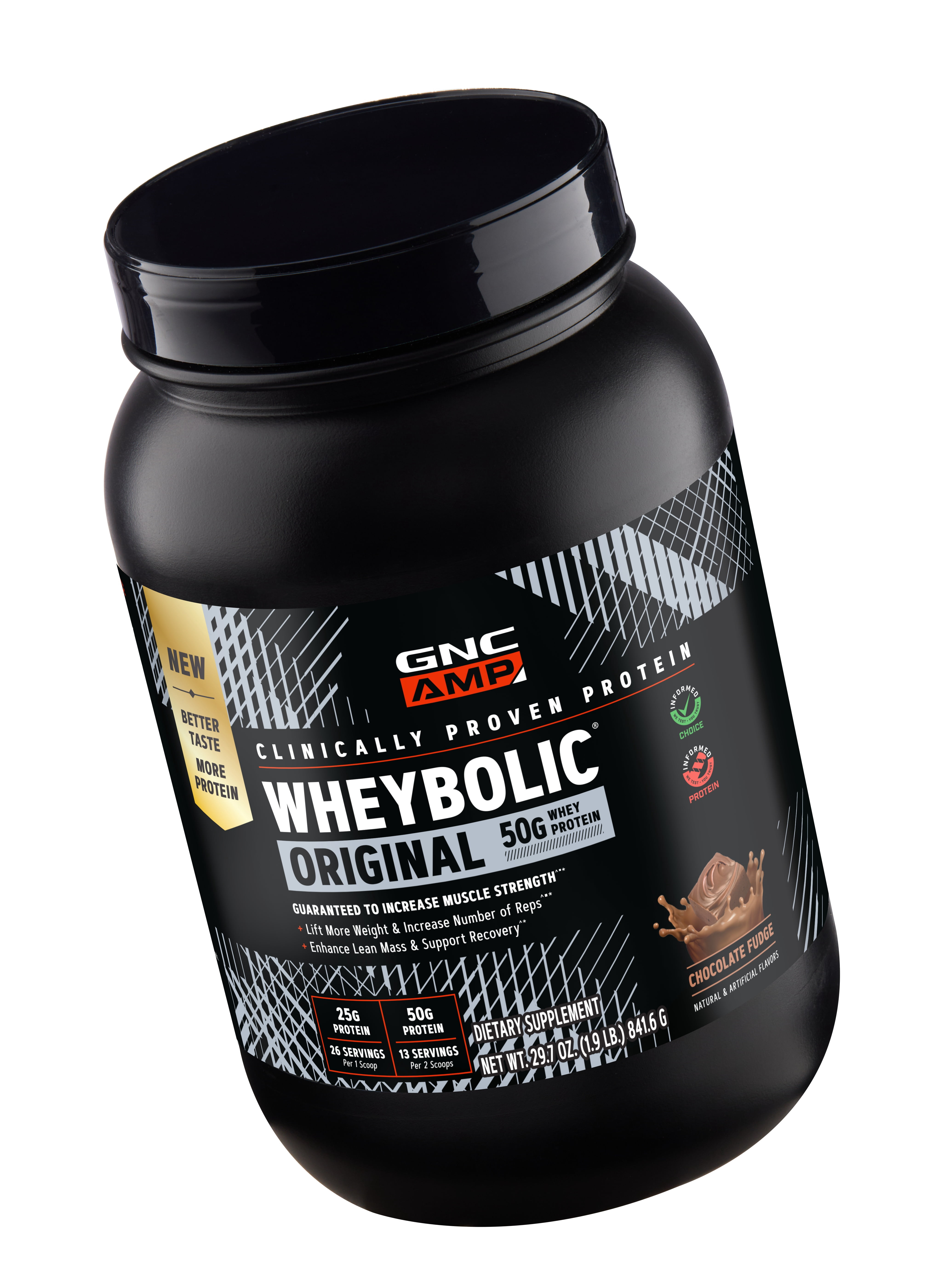 GNC AMP Wheybolic Clinically Proven Protein Powder, 50g Whey Protein, BCAA, Leucine, Increases Muscle Strength, Muscle Building, 3rd Party Tested, Gluten Free, Chocolate Fudge 13 Servings