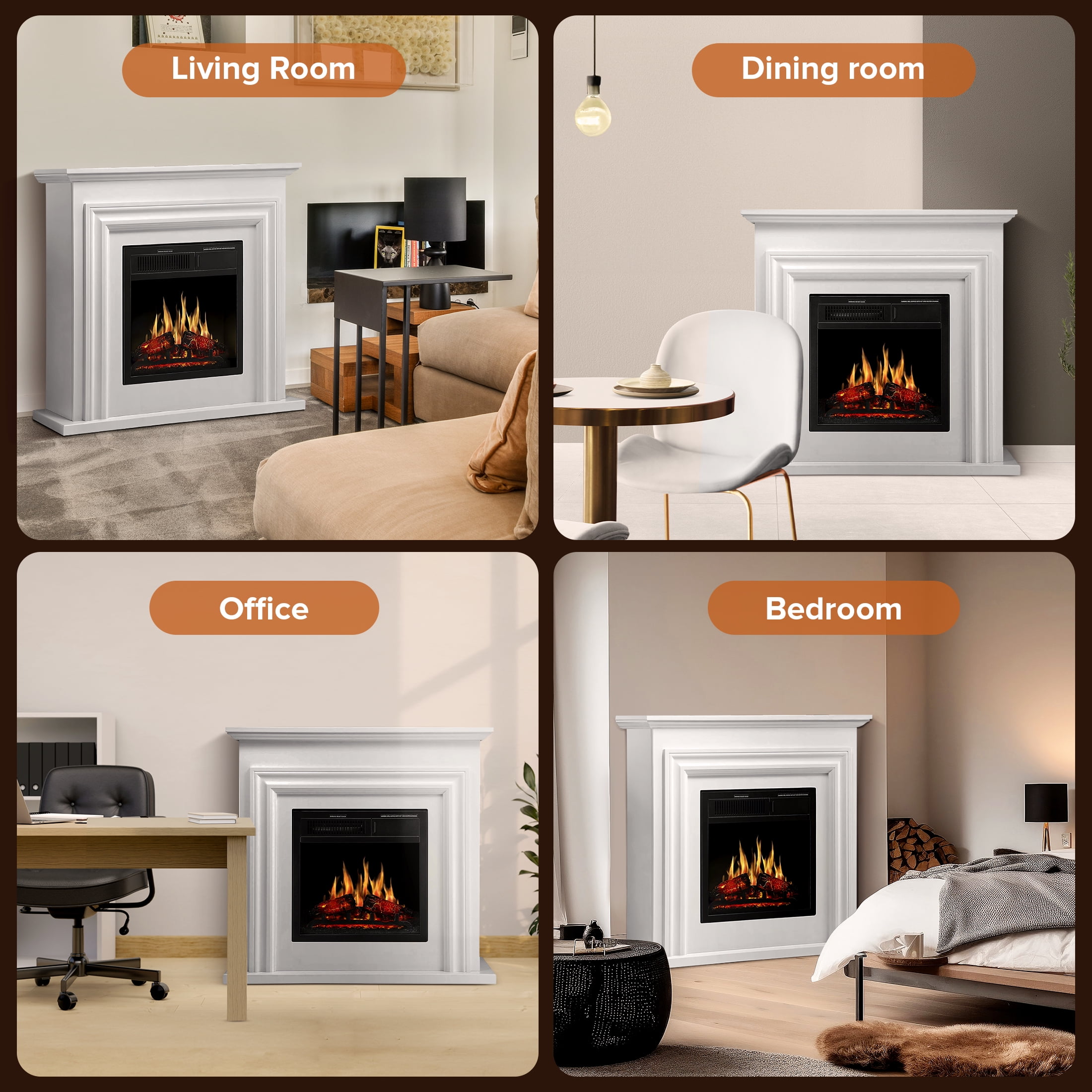 KISSAIR Electric Fireplace Mantel Wooden Surround Firebox, Free Standing Fireplace, with Remote Control, Adjustable LED Flame, 750W/1500W -Pearl White
