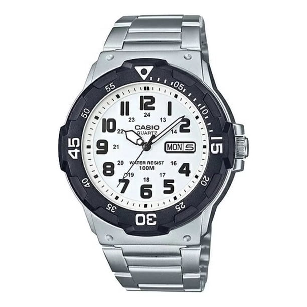 Reloj pulsera Casio Mrw-200h-1b2v con correa de acero inoxidable color plateado - fondo blanco - bisel negro