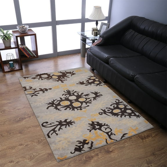 HAND KNOTTED WOOL FLORAL MODERN AREA RUGS - 6'x9', Rectangle Shape, Beige Brown Color, Classic Traditional Design, Low Pile Handmade Area Rugs for Living Room, Bed Room (N00920)