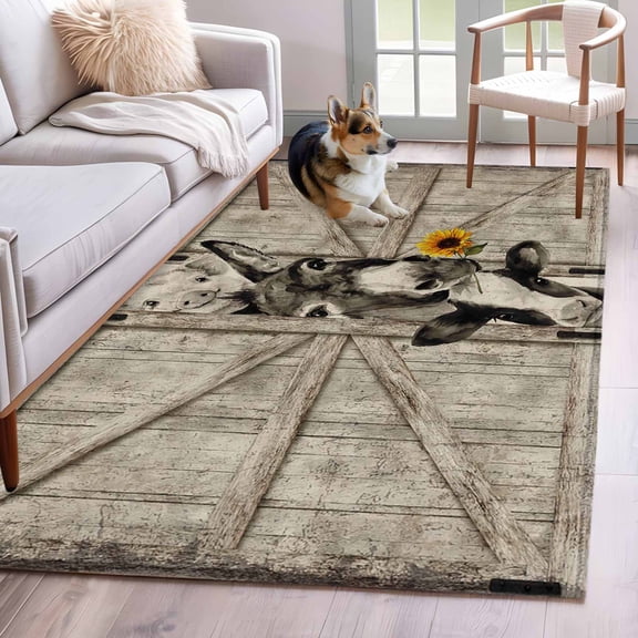 Funny Farm Animals Area Rugs 4'x6', Washable Small Throw Rugs for Office Bathroom, Vintage Barn Brown Sunflowers Indoor Outdoor Rug Non-Slip Low Pile Carpet Runner Reversible Floor Mats