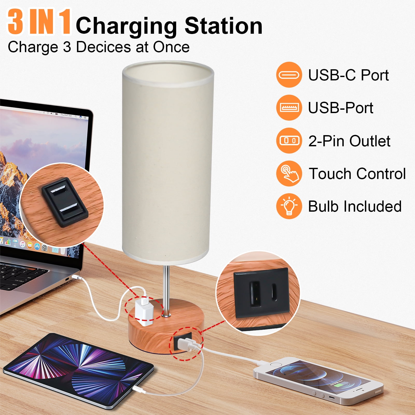 Table Lamps for Bedroom, 3 Way Dimmable Touch Control Bedside Lamp with USB C+A Fast Charging Ports, Nightstand Lamp for Office, Living Room, Reading(E26 Light Bulb Included), Wood