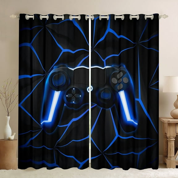 Gaming 30%-50% Blackout Curtains Video Game Gamer Console Curtains Black And Blue Gaming Curtains & Drapes, Gamer Gamepad Controller Window Curtains 38Wx45L