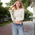 thumbnail image 2 of Women's Long Sleeve Cropped Crew Neck Top - Large, Ivory, 2 of 7