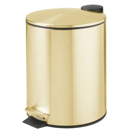 mdesign metal 1.3 gallon/5 liter round step trash wastebasket  garbage container bin with lid for bathroom  powder room  bedroom  kitchen  craft room  office - removable liner bucket - soft brass