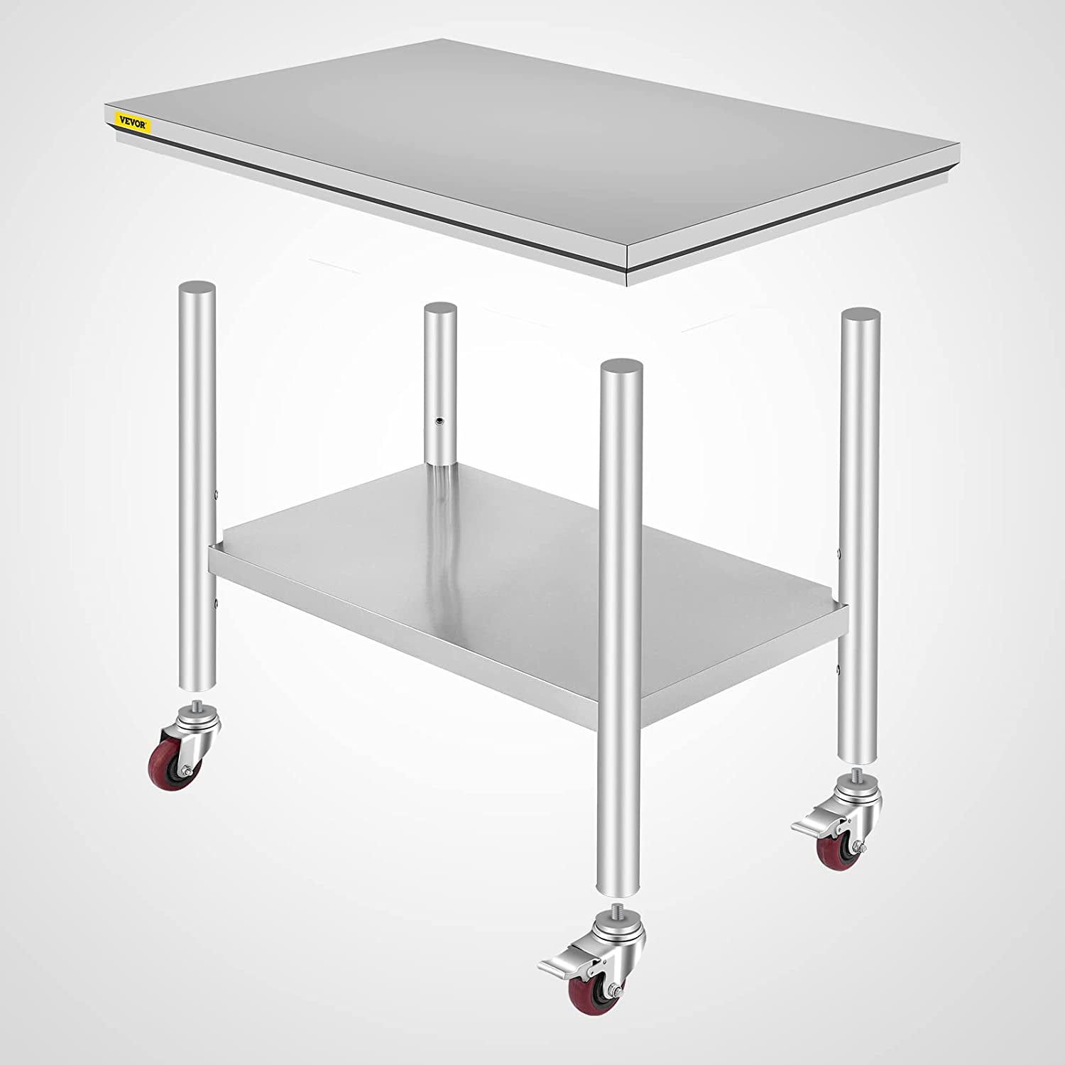 VEVOR Stainless Steel Work Table 36 x 24 inch with 4 Wheels Commercial Food Prep Worktable with Casters Heavy Duty Work Table for Commercial Kitchen Restaurant