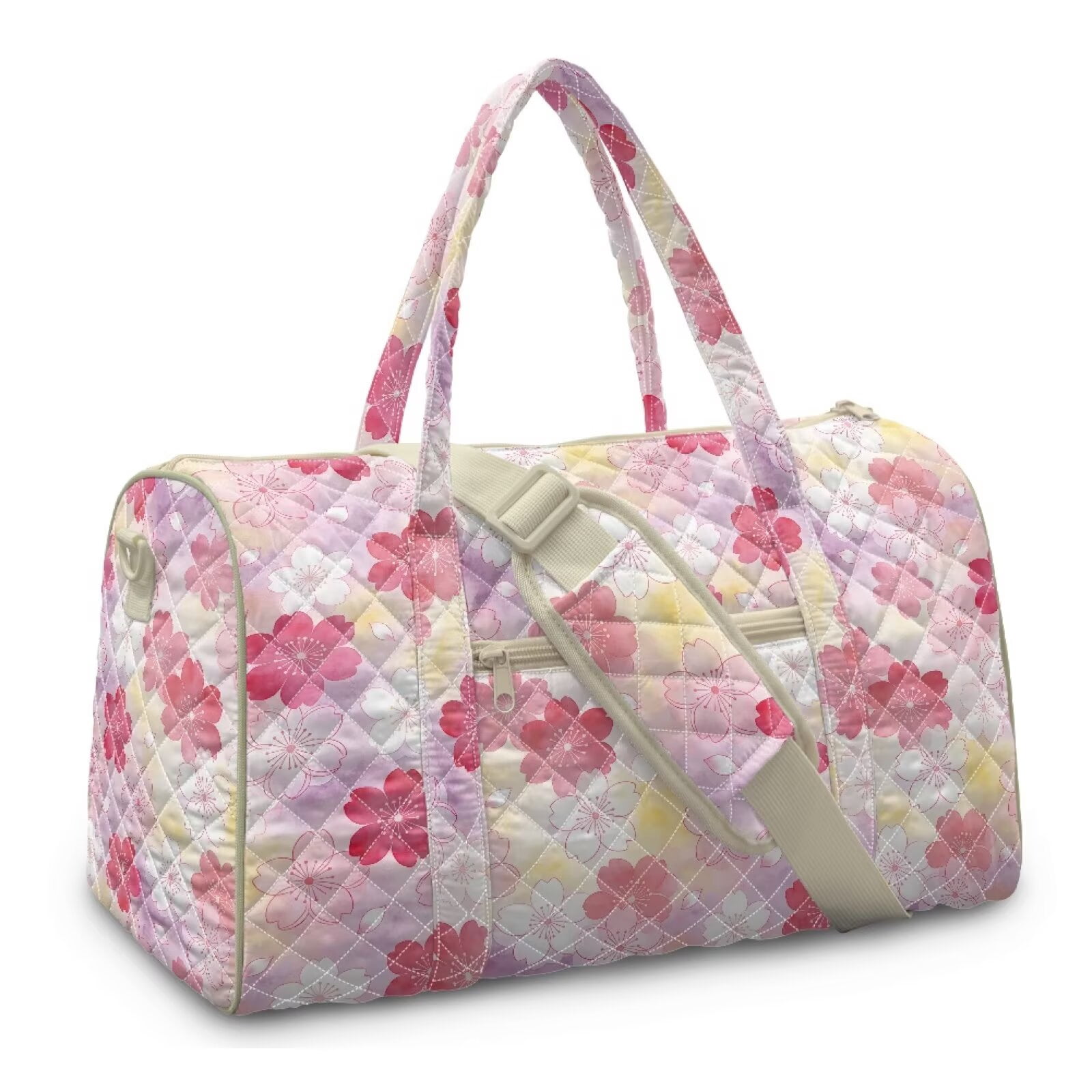 Garronmavis Pink Cherry Blossom Large Quilted Duffle Bag for Women, Weekender Travel Bag Carry On Bag with Zipper Pockets, Cute Gym Overnight Dance Tote