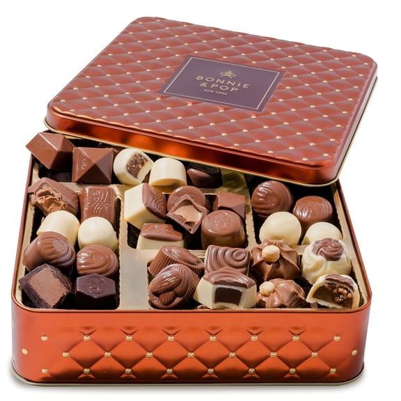 Chocolate Gift Basket– Candy Gift Box with Assorted Milk, Dark & White Chocolate Truffles – Food Present Idea for Men, Women, Corporate, Get Well, Sympathy- Bonnie and Pop