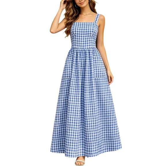 Women's Summer Spaghetti Strap Maxi Dresses Plaid Square Neck A Line Casual Beach Vacation Long Sundress Blue XL(XL)