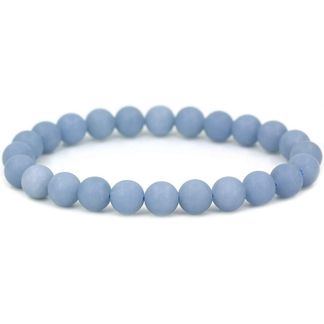 Bracelet Extensible Unisexe en Perles Rondes 8 mm en Pierre Précieuse d'Angélite Mate Naturelle 7 Pouces