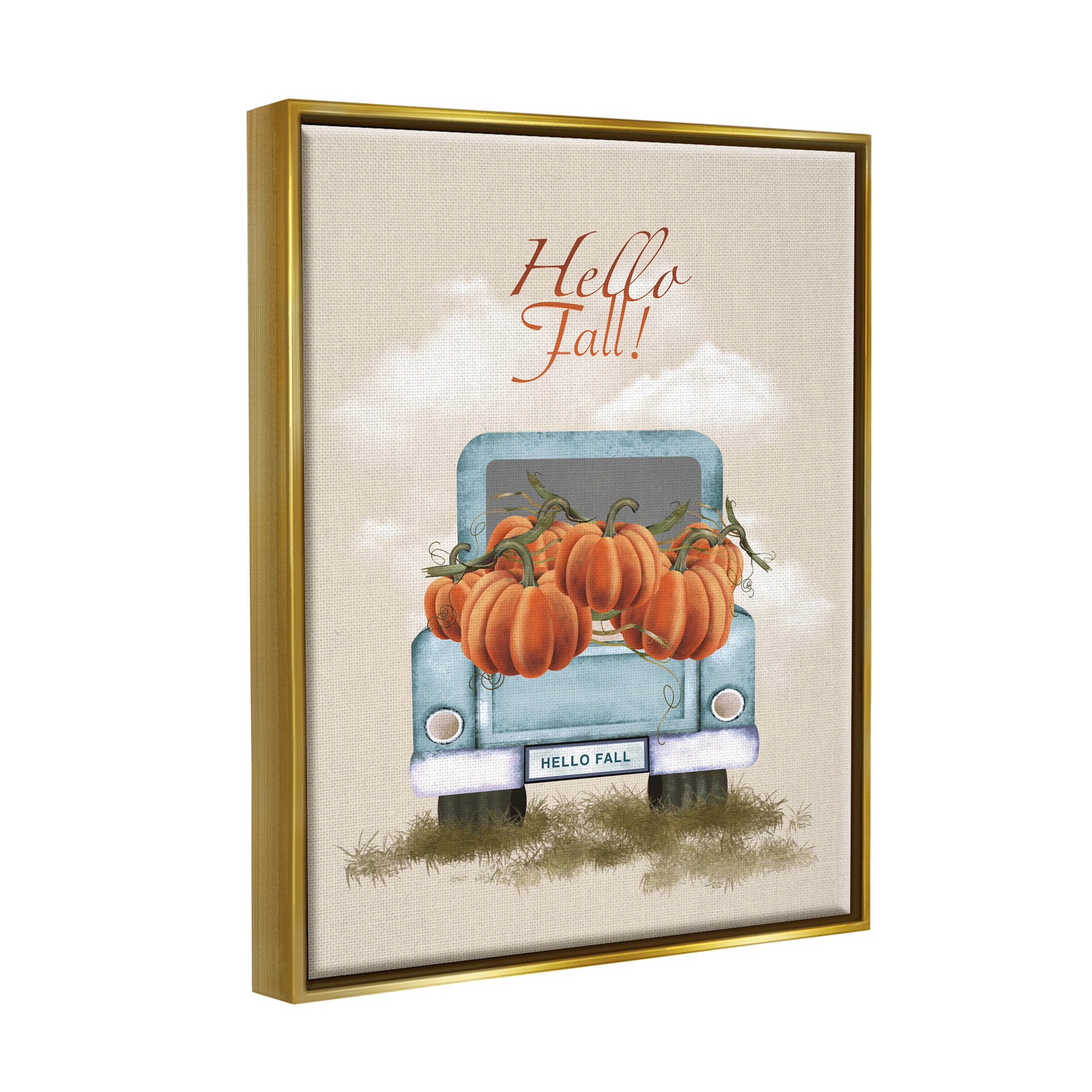 Hello Fall Seasonal Autumn Pumpkins Holiday Graphic Art Metallic Gold Framed Art Print Wall Art