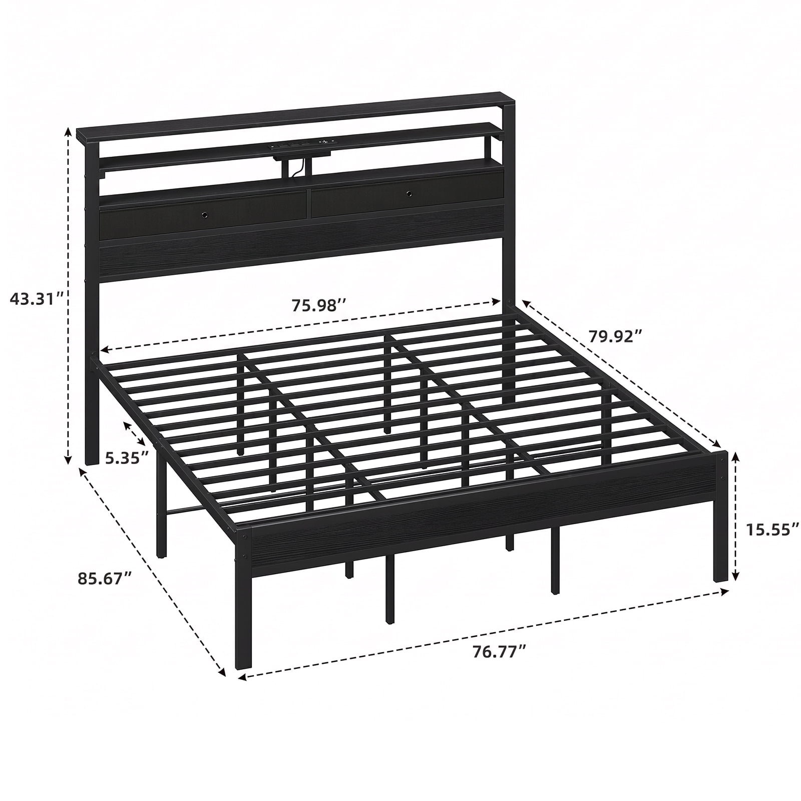 Alvantor Bed Frame with Storage Headboard, Sturdy Metal Platform Bed Frame with LED Lights and Charging Station, Easy Assembly, No Box Spring Needed, Noise Free