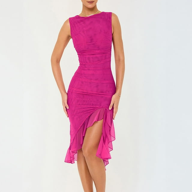 Gspmoly Robes pour Femmes, Nouvelle Mode Robe à Manches à Volants pour Femmes Col Rond Ourlet Irrégulier Robe Formelle Robes de Cocktail jusqu'à 65 % de Rabais