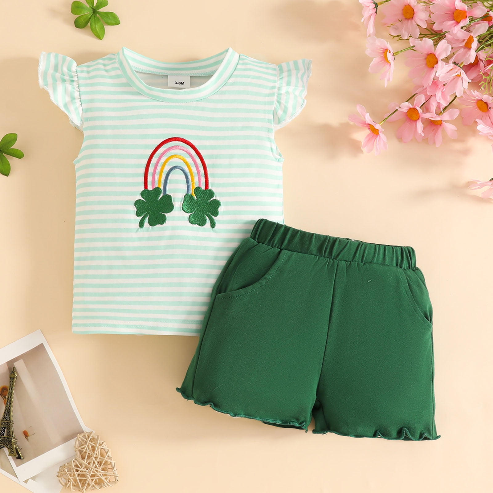 Staki Baby Girl St. Patricks Day Outfits Toddler Lucky Charm Tshirt Ruffle Clover Print Tops+Ruffle Cuff Striped Pants Set St. Patrick's Day Shorts 3-24M 2-3Y(Green,2-3 Years)