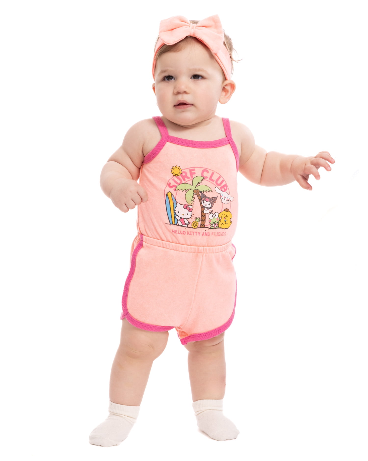 Hello Kitty and Friends Baby Girls Sleeveless Graphic Romper with Matching Bow Headband, Sizes 0/3M-24M