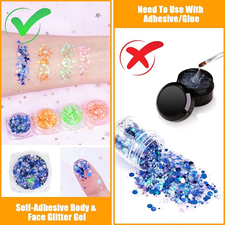 LBS Glow In The Dark Body Face Glitter Gel 12 Color Luminescent Fluorescent Thick  Glitter Self Adhesive Black Glitter for Body/Face/Hair/Eyeshadow Carnival  Party Halloween Makeup 