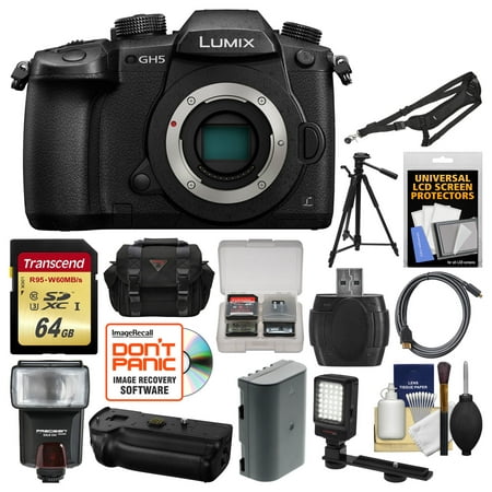 Panasonic Lumix DC-GH5 Wi-Fi 4K Digital Camera Body with 64GB Card + Case + Flash + Battery + Grip + Tripod + Video Light + Strap Kit