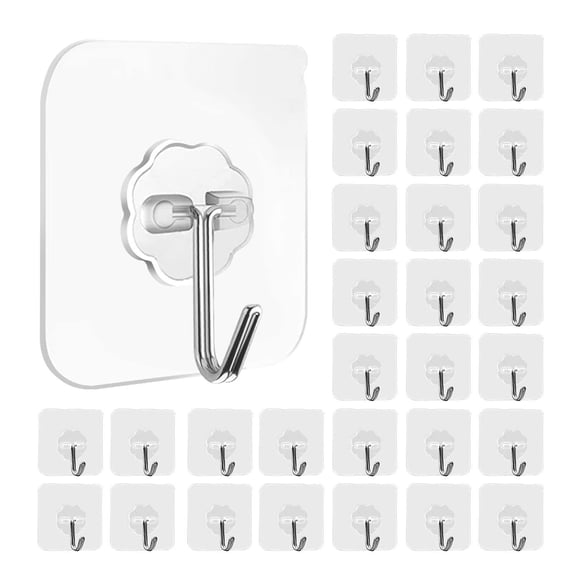 Heavy Duty Self Adhesive Wall Hooks – 25 Pack Transparent Waterproof Utility Hooks for Hanging - 33lb Max