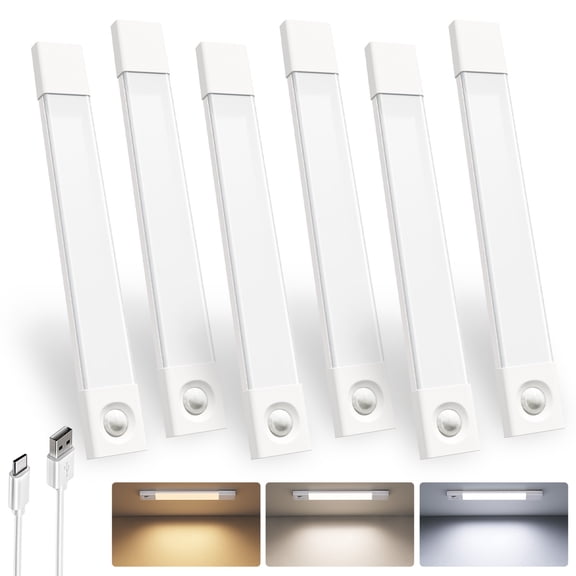 EZVALO 6-Pack 11.8'' Under Cabinet Lighting, 50 LED Motion Sensor Closet Lights, USB Rechargeable Wireless Cabinet Lighting, 3 Color Temps Magnetic Light for Kitchen, Pantry