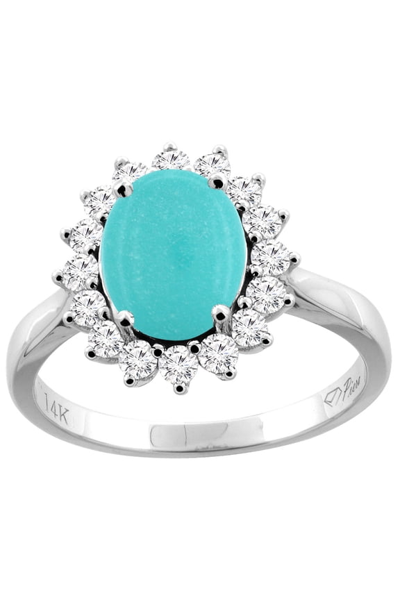 14K White Gold Natural Turquoise Ring Oval 9x7 mm Diamond Accents, size 8
