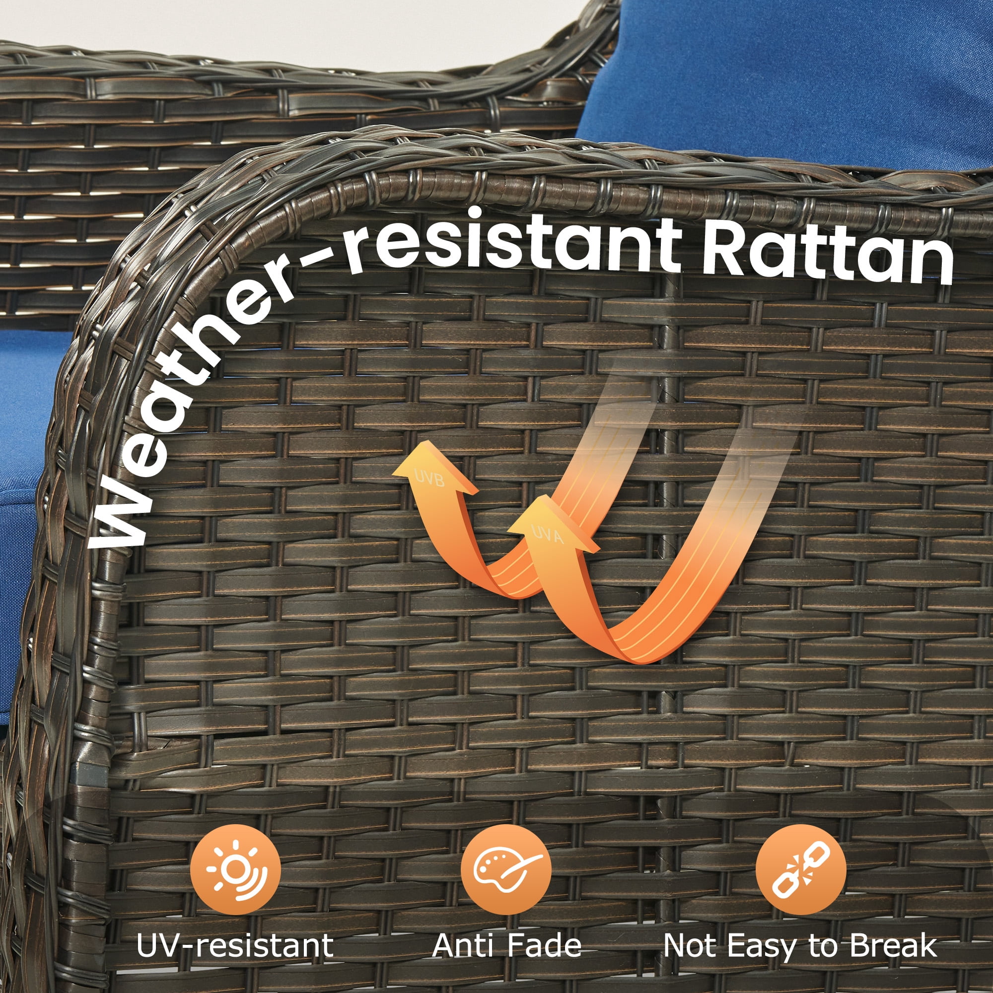 Vcatnet Outdoor Patio Furniture with Fire Pit 7 Pieces Sectioal Sofa All Weather Wicker High-Back Conversation Set with Swivel Glider Rockers, Navy Blue