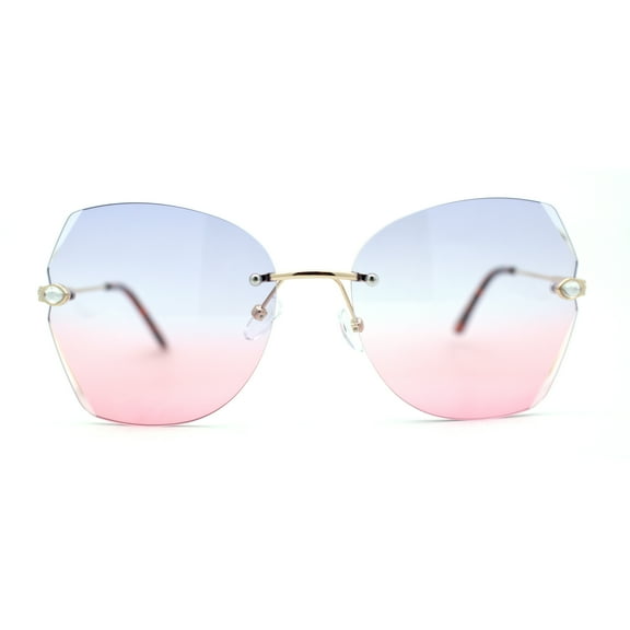 Womens Rimless Rhinestone Bevel Angular Lens Butterfly Sunglasses Gold Blue Pink