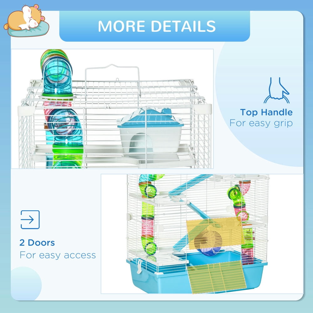 Resenkos Extra Large 23" Hamster Cage with Tubes and Tunnels, Portable Carry Handles, Rat House and Habitats Big 5-Tier Design, Mouse Cage Includes Exercise Wheel, Water Bottle, Food Dish, Light Blue
