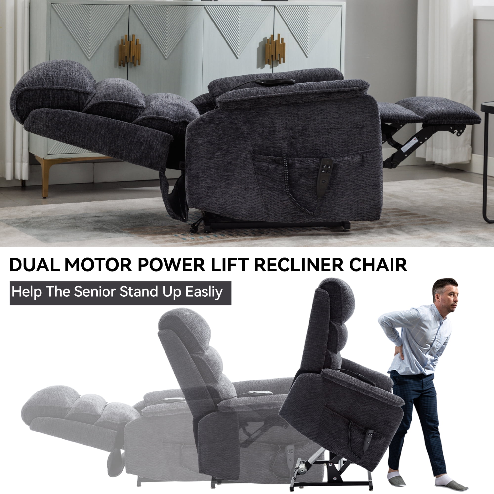 Power Lift Recliner Chair for Elderly, Large Chenille Recliner Chair with Massage and Heat, Overstuffed Wide Recliners with Power-Remote, Up to 350 LBS, Grey