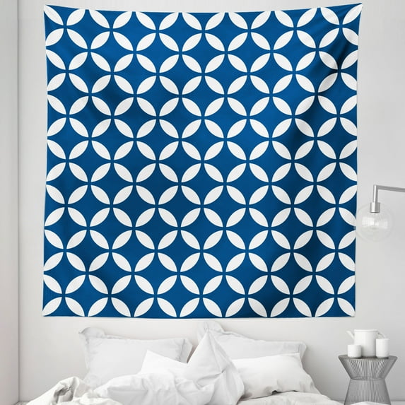 Navy Tapestry, Vintage Circles with Overlapping Rounds Oval Old Fashion Graphic Art, Fabric Wall Hanging Decor for Bedroom Living Room Dorm, 5 Sizes, Royal Blue White, by Ambesonne