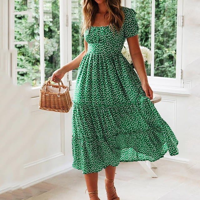 WILLBEST Robes de Plage pour Femmes Col Carré Manches Courtes Robe Décontractée Florale Été Plage Taille Haute Volants Robe Midi