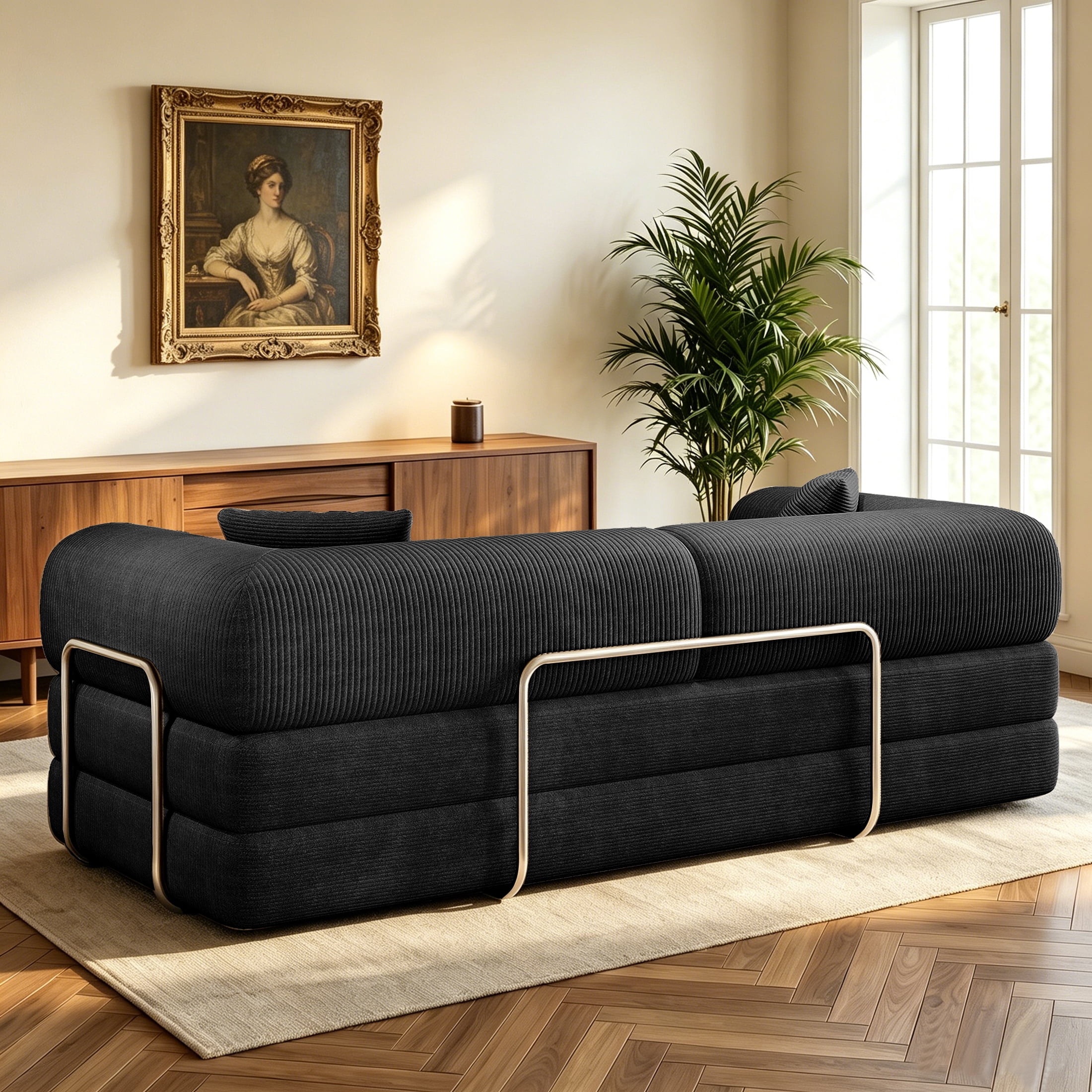 AISWORD Convertible Sleeper Sofa Bed with Cylindrical Pillow, Corduroy Folding Mattress Couch with Fixed-Shape Frame, Floor Sofa Lounge Couch, Black