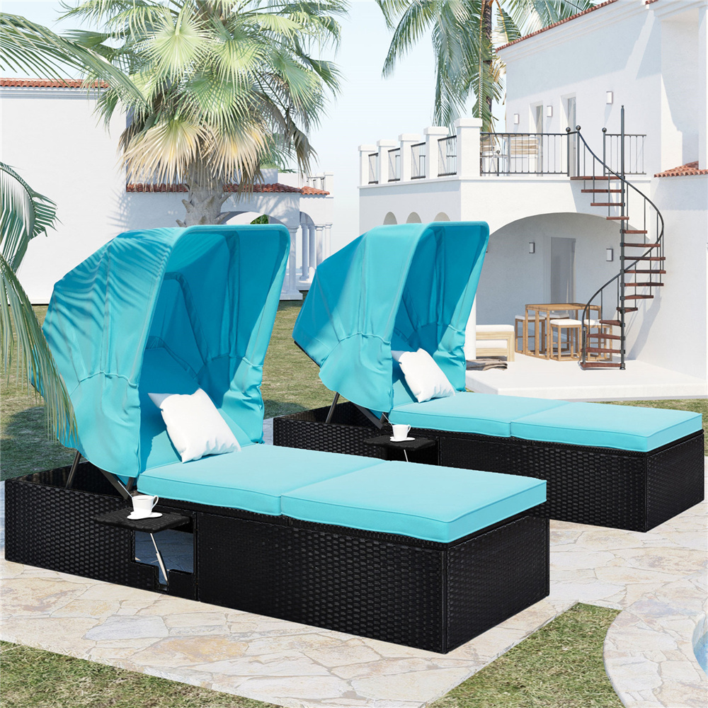 Outdoor Chaise Lounger, 2Pcs Patio Chaise Lounge Chairs Furniture Set with Adjustable Back and Canopy, All-Weather Rattan Reclining Lounge Chair for Beach, Backyard, Porch, Garden, Pool, LLL1585 - image 1 of 8