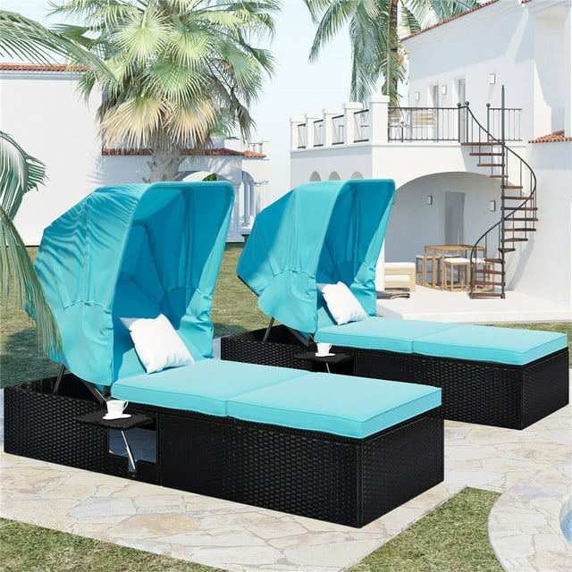 Outdoor Lounge Chairs, 2Pcs Patio Chaise Lounge Chairs Furniture Set with Adjustable Back and Canopy, All-Weather Rattan Reclining Lounge Chair for Beach, Backyard, Porch, Garden, Pool, LLL1584